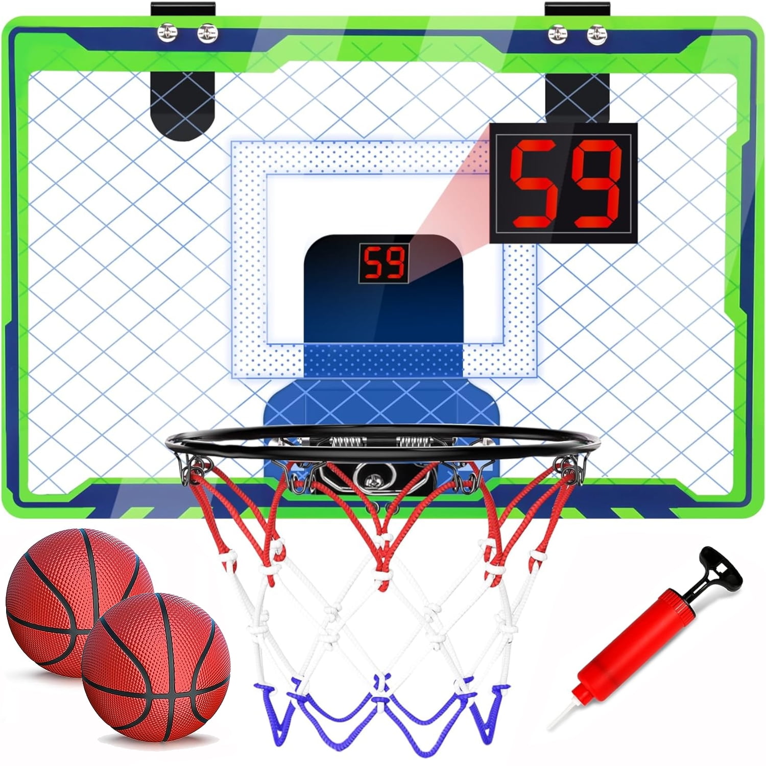 POCO DIVO Over The Door Basketball Hoop, Mini LED Lights 3-Mode Scoreboard, Kids Cheerful Game 2 Balls Set, Indoor Mounting Classic Sports, Boys Girls Room Toy Gift Adult Office Party Play, Green