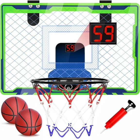 POCO DIVO Over The Door Basketball Hoop, Mini LED Lights 3-Mode Scoreboard, Kids Cheerful Game 2 Balls Set, Indoor Mounting Classic Sports, Boys Girls Room Toy Gift Adult Office Party Play, Green