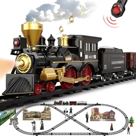 POCO DIVO Remote Control Retro Train Set, Christmas Tree Deco Electric Toy Luxury Tracks Rail, RC Steam Sound Light Locomotive, Rechargeable Tender Cargo, Boy Girl Gift Classic Collection Mode