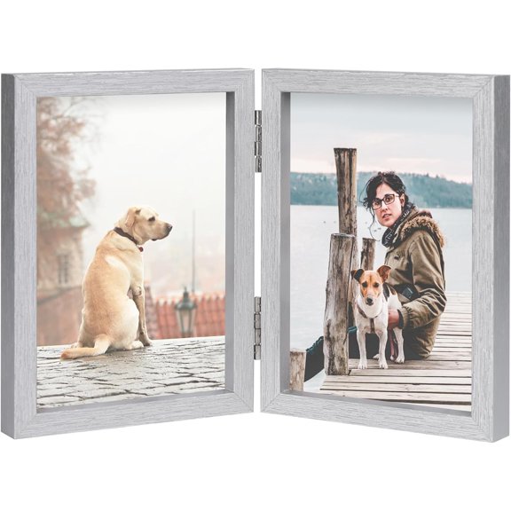 PODJEH-3.5x5 Double Picture Frame Silver Wooden Hinged Photo Frame