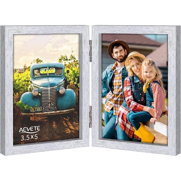 PODJEH-3.5x5 Picture Frames Double Hinged Wood Folding Photo Frames Silver