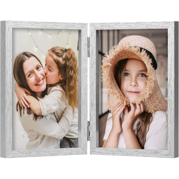 PODJEH-4x6 Double Picture Frames Hinged Folding Photo Frames Vertical Stand Frames (Silver)