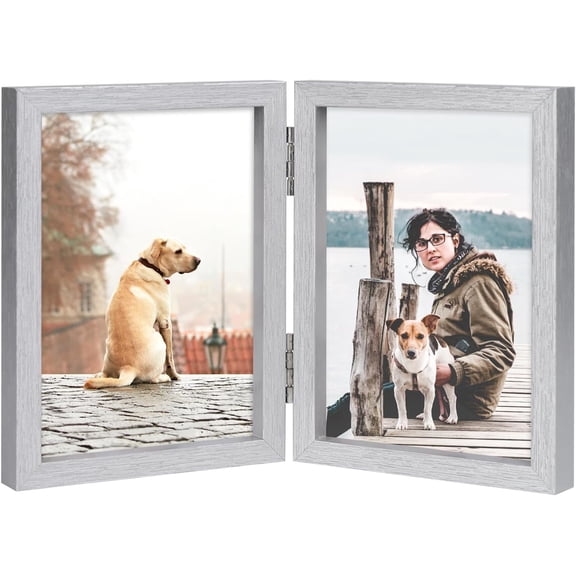 PODJEH-5x7 Double Picture Frame Silver Wooden Hinged Photo Frame