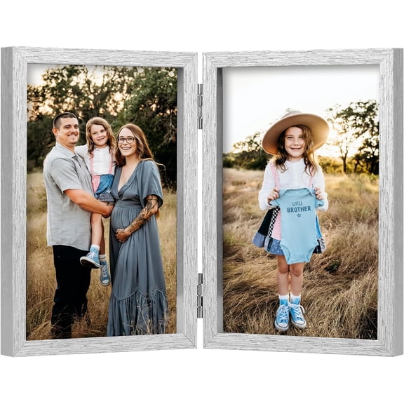PODJEH-Double 4x6 Picture Frame Hinged Folding Photo Frame with Plexiglass Front Vertical Frame on Desktop, Silver