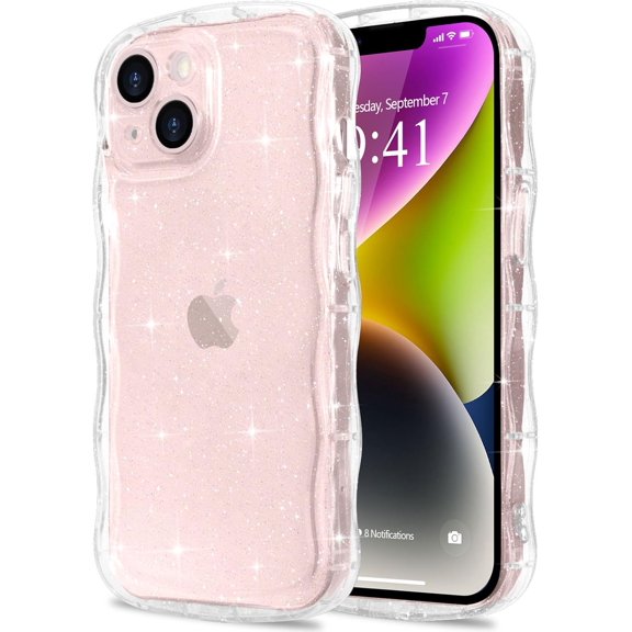 PODJEH-for iPhone 14/13 Case Clear Glitter Curly Wave Edge, Clear