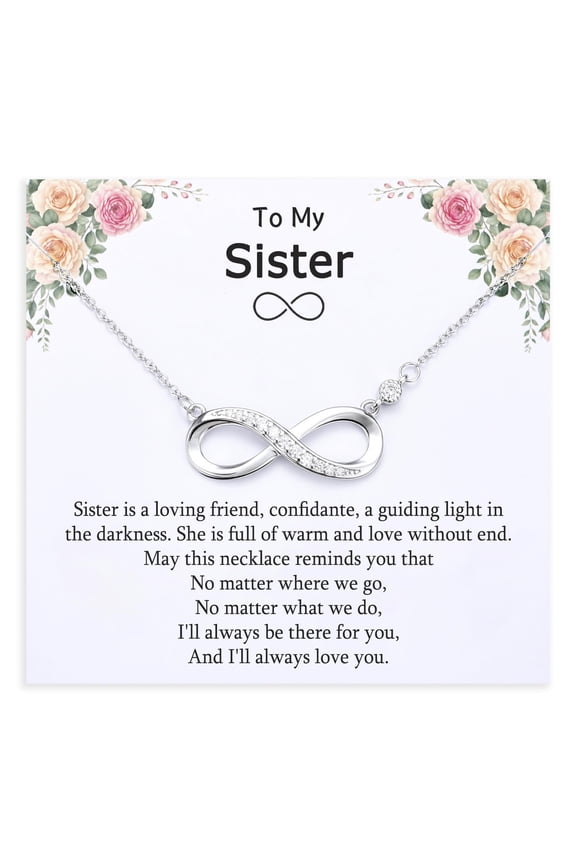 Sister Gifts from Sisters Brother, 16+2" Adjustable Silver Infinity CZ Necklaces for Women, Birthday Christmas Anniversary Graduation Gift Ideas for Her, Jewelry Present To My Sister C113