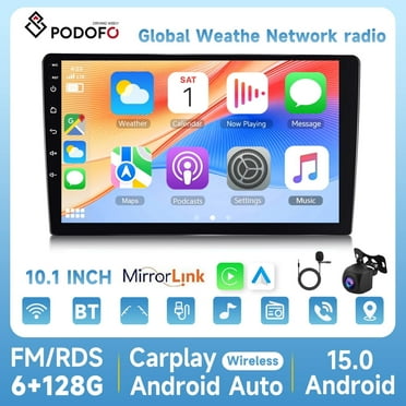 Podofo 10.1 Inch Car Stereo Double Din 8 Core 6+128GB Android 15 with Wireless Carplay &Android Auto IPS Scren Android Radio GPS Wifi 32EQ DSP