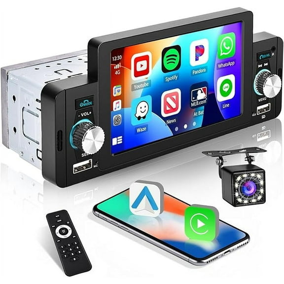 PODOFO 5 Inch Car Radio Single Din Car Stereo CarPlay Android Auto Bluetooth Mirror Link