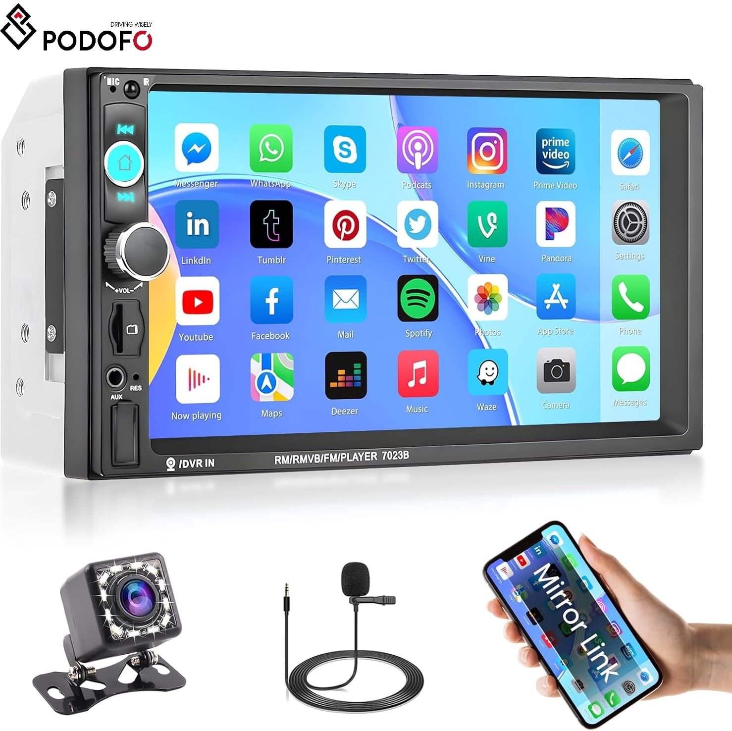 Podofo 7 in Double Din Car Stereo Radio Mirrolink Bluetooth