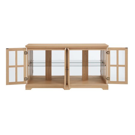 PODOT 4-Door Curio Cabinet, Glass Doors, Adjustable Shelves, LED, Living Room, Oak