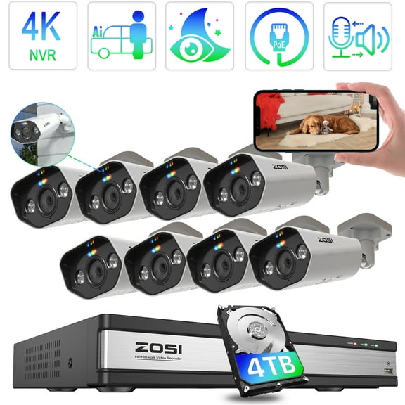 POE Security Camera System with Color Night Vision, ZOSI 5MP Outdoor POE Security Camera with Two Way Audio, Spotlight, ,AI Detection, 16CH NVR with 4TB HDD for 24/7 Recording