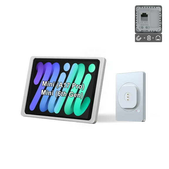 EMONITA POE Megnetic Wall Mount with 18W Fast Charging Case for iPad Mini (6th Generation/ A17 Pro) 8.3-inch Strong Magnets 360 Rotation - Silver