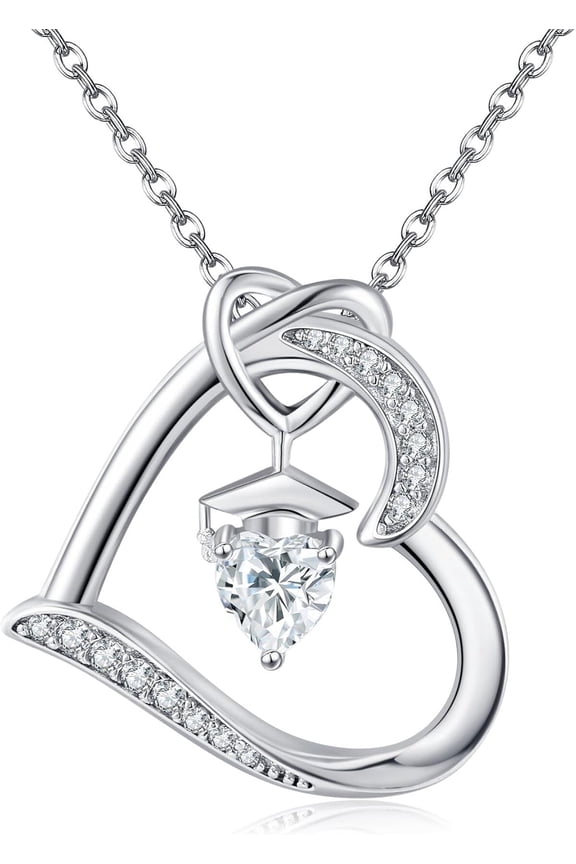 Birthstone Graduation Necklace S925 Sterling Silver Class of 2024 Bachelor Cap Necklaces Class of 2025 Heart Pendant College High School Graduation Jewelry Gifts for Women