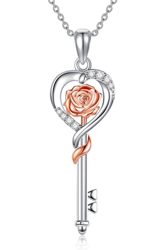 Key Necklace 925 Sterling Silver Rose Flower Key Charm Pendant Jewelry Christmas Gifts for Women