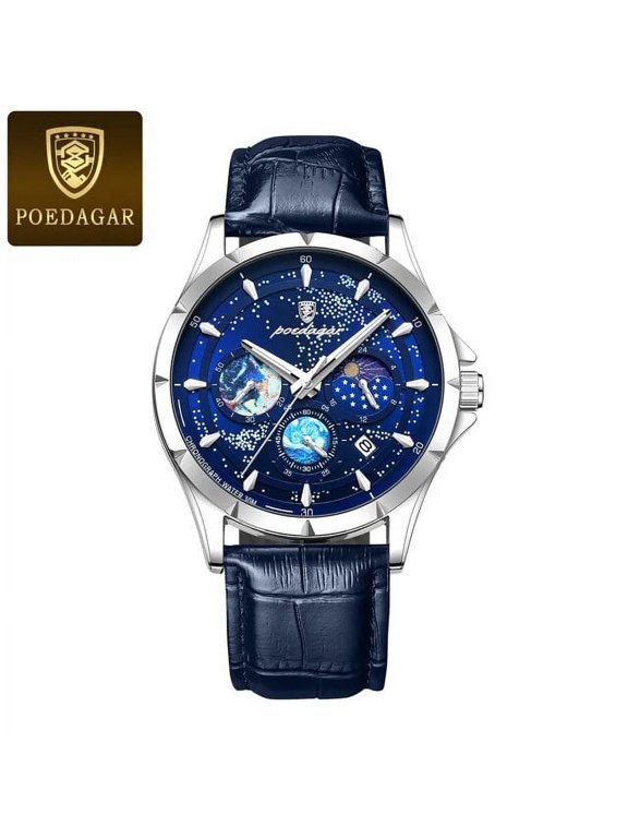Brand Fashion Blue Starry Sky Quartz Watch for Men Luxury Leather Waterproof HD Luminous Chronograph Date Watches Mens
