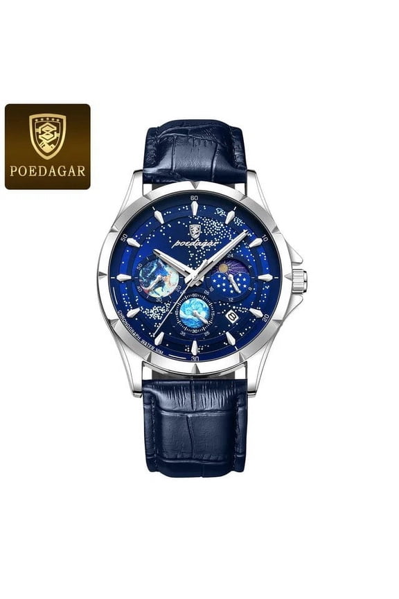 Brand Fashion Blue Starry Sky Quartz Watch for Men Luxury Leather Waterproof HD Luminous Chronograph Date Watches Mens