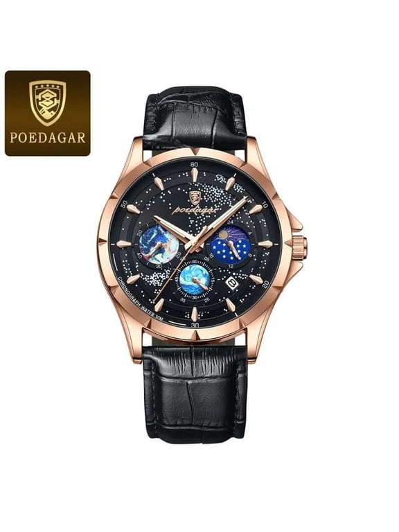 Brand Fashion Blue Starry Sky Quartz Watch for Men Luxury Leather Waterproof HD Luminous Chronograph Date Watches Mens