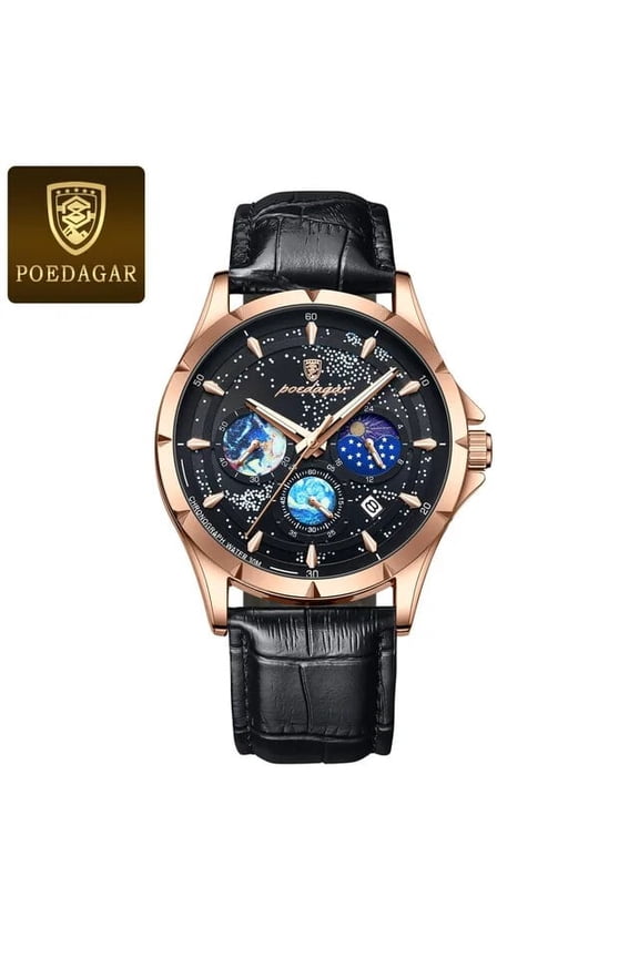 Brand Fashion Blue Starry Sky Quartz Watch for Men Luxury Leather Waterproof HD Luminous Chronograph Date Watches Mens