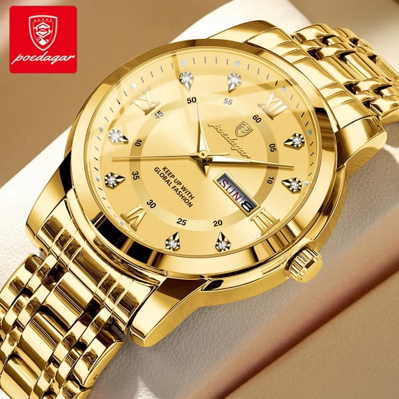 POEDAGAR Brand Luxury Stainless Steel Date Week Quartz Watch for Men Sports Waterproof Luminous Fashion Mens Watches
