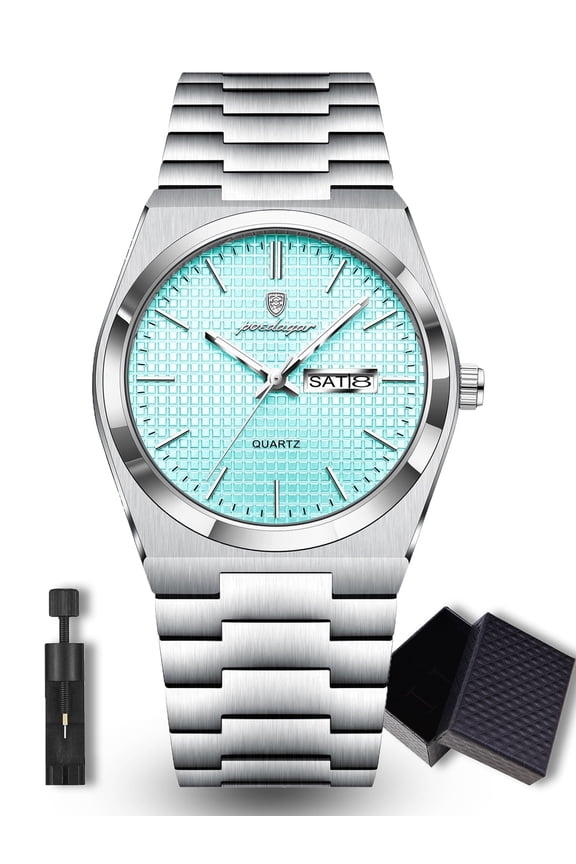 Business Men's Stainless Steel Waterproof Luminous Quartz Watches with Dual Calendar Display