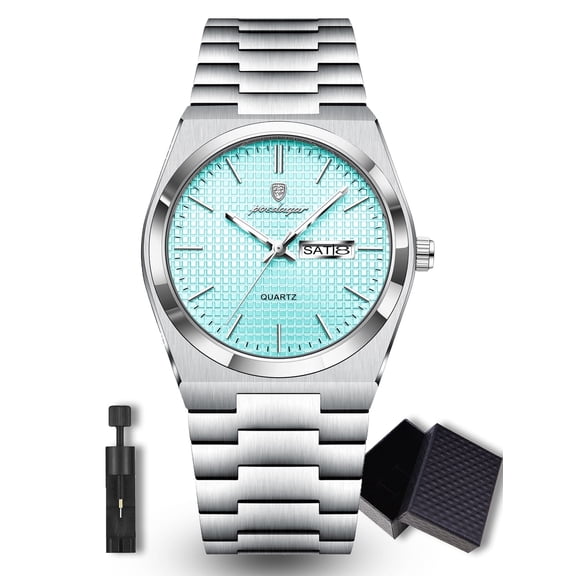 POEDAGAR Business Men's Stainless Steel Waterproof Luminous Quartz Watches with Dual Calendar Display