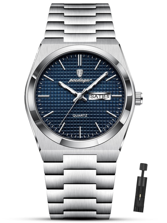 Business Men's Stainless Steel Waterproof Luminous Quartz Watches with Dual Calendar Display