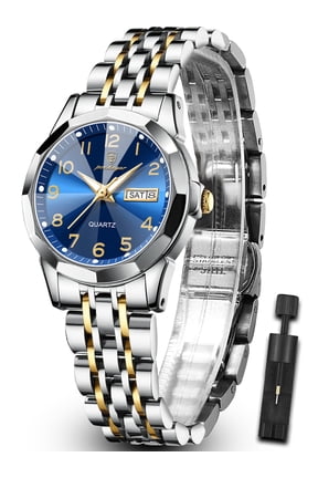 Business Women's Quartz Date Watch with Blue Dial Stainless Steel Strap, for Dressy Occasions