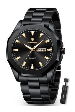 Business Waterproof Quartz Watches for Men Black Dial with Date Week Display Stainless Steel Band