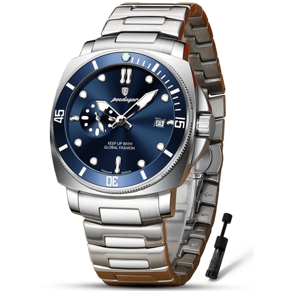 POEDAGAR Men's Casual Quartz Wrist Watch, Stainless Steel, Date Display, Luminous Hands, Water Resistant