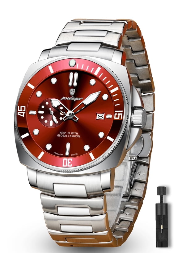 Casual Men's Stainless Steel Date Quartz Wrist Watch with Rotating Bezel, Luminous Hands, Water Resistant