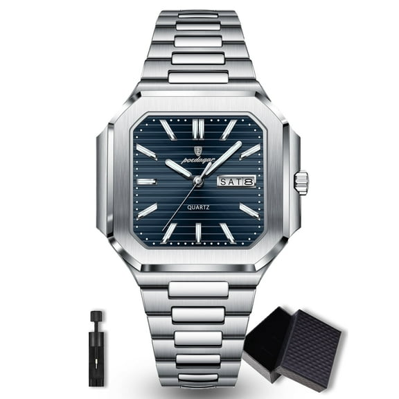 POEDAGAR Casual Square Men's Waterproof Luminous Date Week Stainless Steel Quartz Wrist Watches for Men