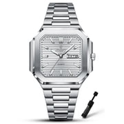 POEDAGAR Mens Square Business Quartz Wrist Watch, Stainless Steel, Week Date Display, Luminous Analog Dial