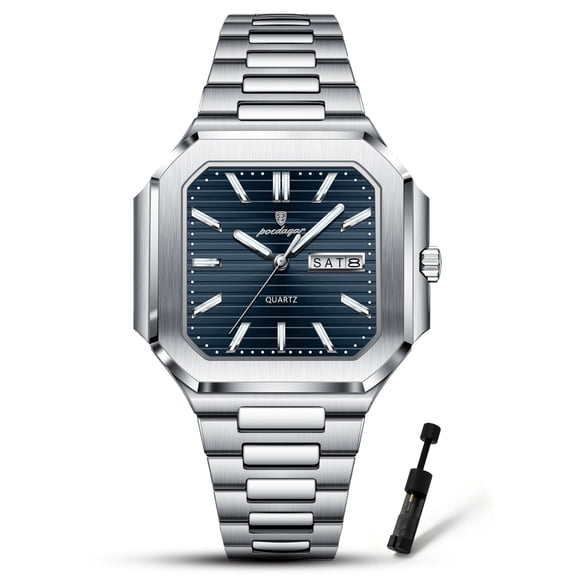 POEDAGAR Men's Square Business Quartz Wrist Watch, Stainless Steel, Week Date Display, Luminous Analog Dial