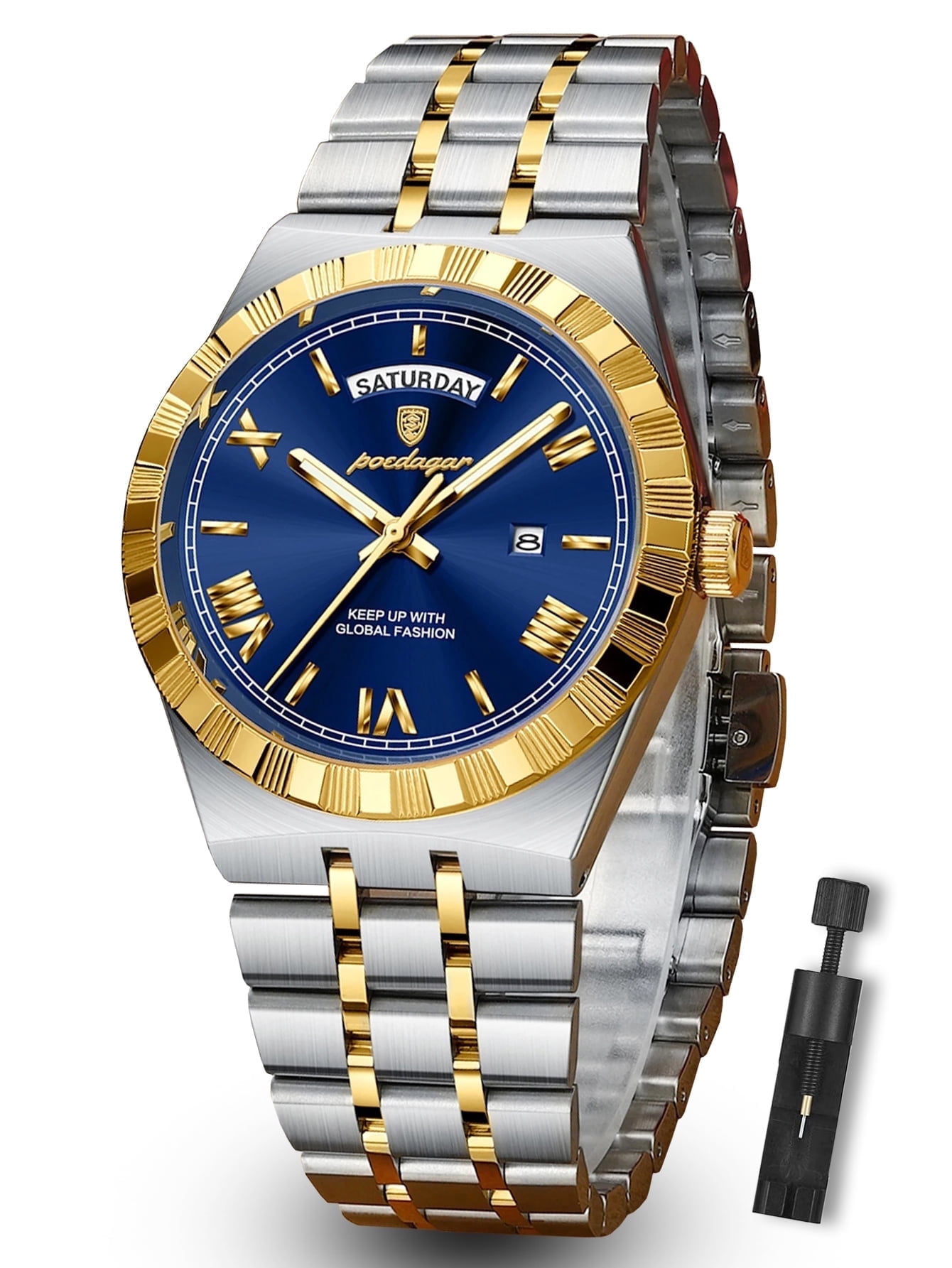 POEDAGAR Luxury Men's Waterproof Luminous Wrist Watch with Date Week Display Stainless Steel Strap