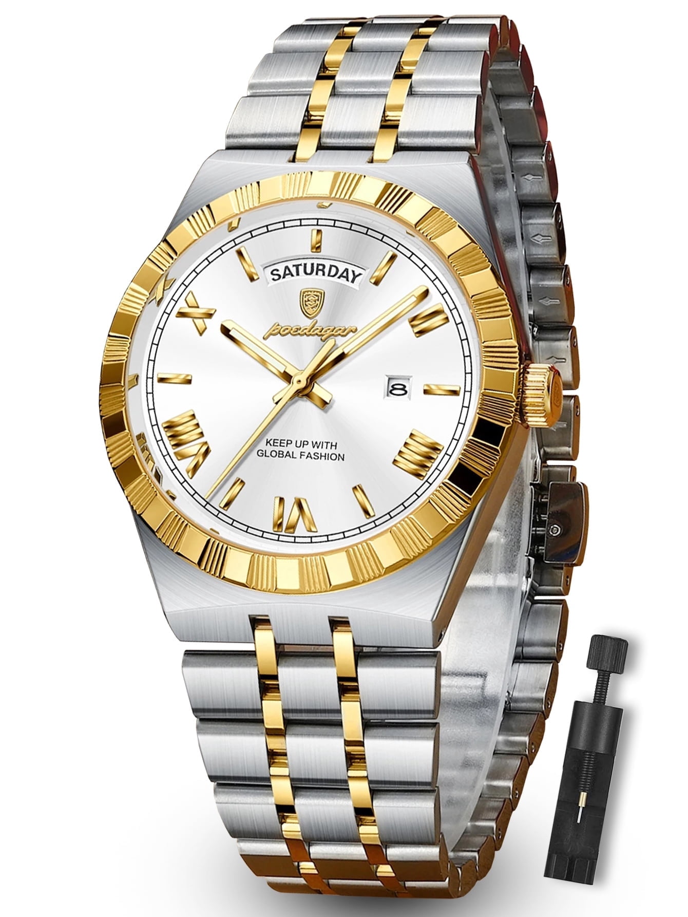 POEDAGAR Luxury Men's Waterproof Luminous Wrist Watch with Date Week Display Stainless Steel Strap