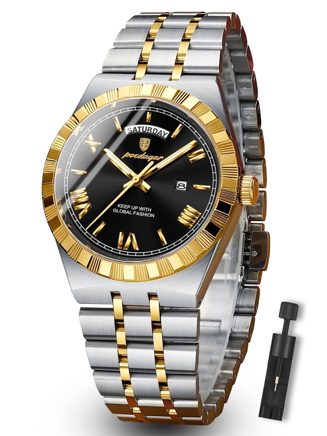 POEDAGAR Luxury Men's Waterproof Luminous Wrist Watch with Date Week Display Stainless Steel Strap