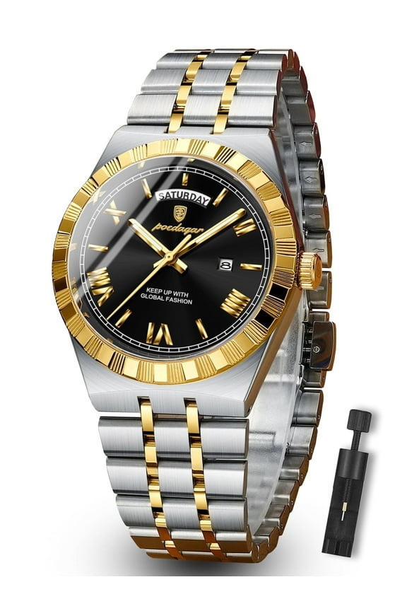 Luxury Men's Waterproof Luminous Wrist Watch with Date Week Display Stainless Steel Strap