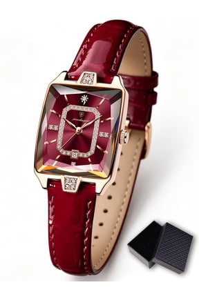 Fashion Women‘s Quartz Watch with Rhinestone Decoration, Red Square Dial, Date & Water Resistant