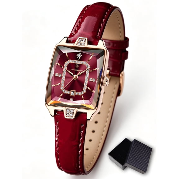 POEDAGAR Fashion Women‘s Quartz Watch with Rhinestone Decoration, Red Square Dial, Date & Water Resistant