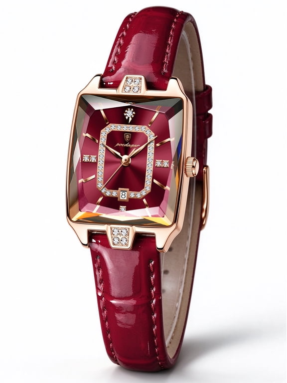 Watches for Women, Analog Quartz Dress Wrist Watch, Red Rectangular Rhinestone Dial with Date Display
