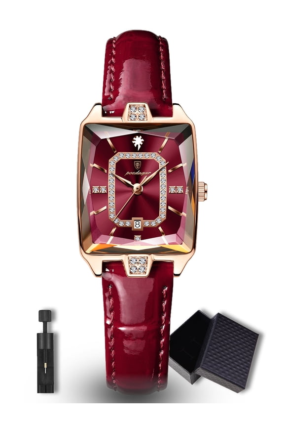 Fashion Red Square Dial Women‘s Quartz Watch with Rhinestone Decoration, Date & Water Resistant