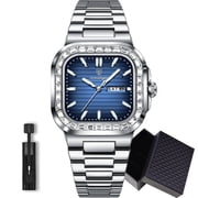 POEDAGAR Fashion Square Quartz Mens Watches Stainless Steel Waterproof Luminous Date Week Man Watch