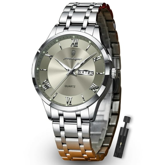POEDAGAR Fashion Stainless Steel Men's Quartz Watches Waterproof Luminous Week Date Sports Man Wrist Watch