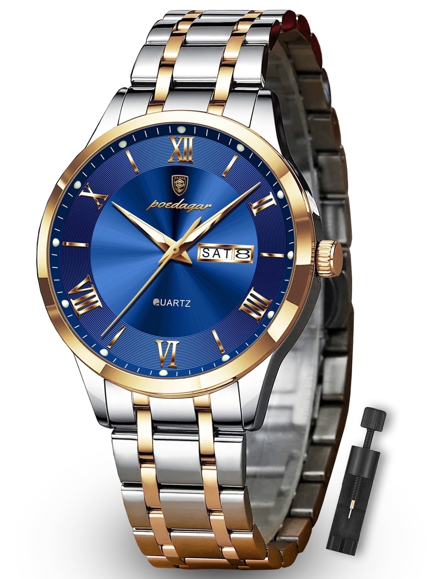 POEDAGAR Fashion Stainless Steel Men's Quartz Watches Waterproof Luminous Week Date Sports Man Wrist Watch