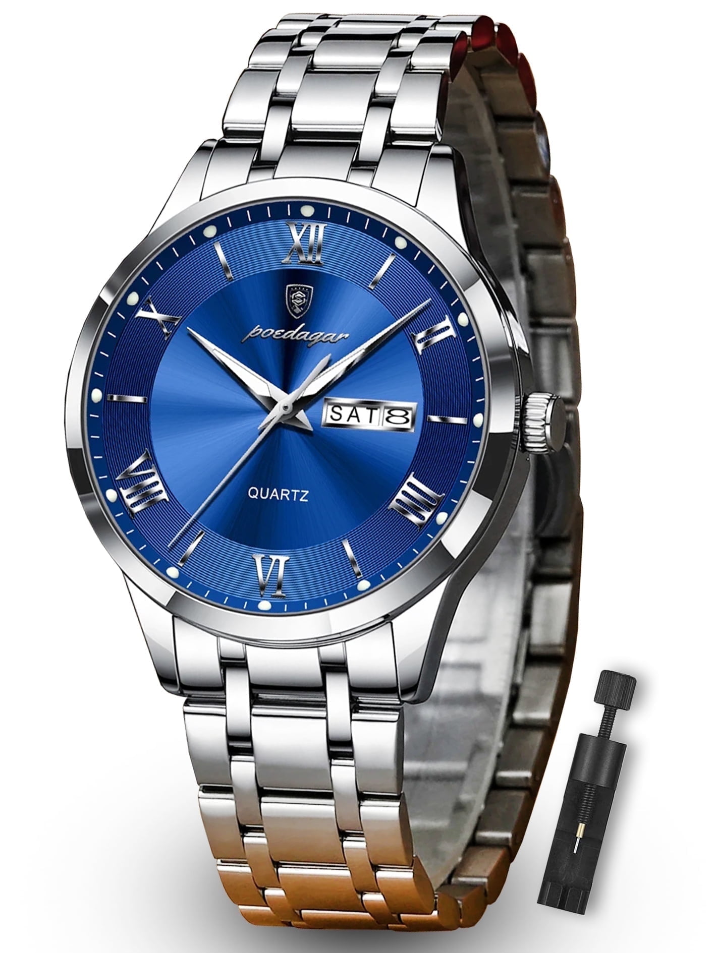 POEDAGAR Fashion Stainless Steel Men's Quartz Watches Waterproof Luminous Week Date Sports Man Wrist Watch