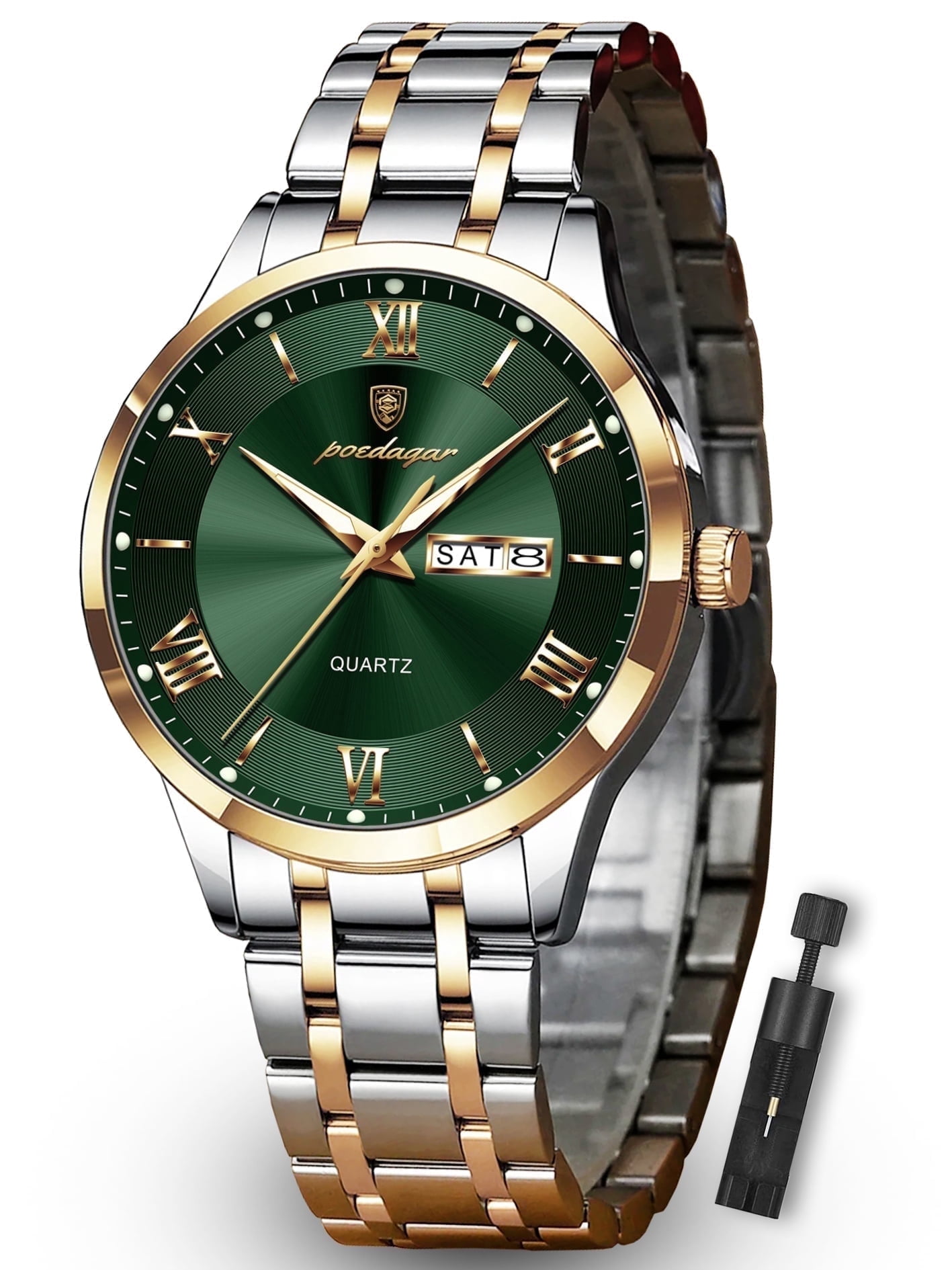 POEDAGAR Fashion Stainless Steel Men's Quartz Watches Waterproof Luminous Week Date Sports Man Wrist Watch