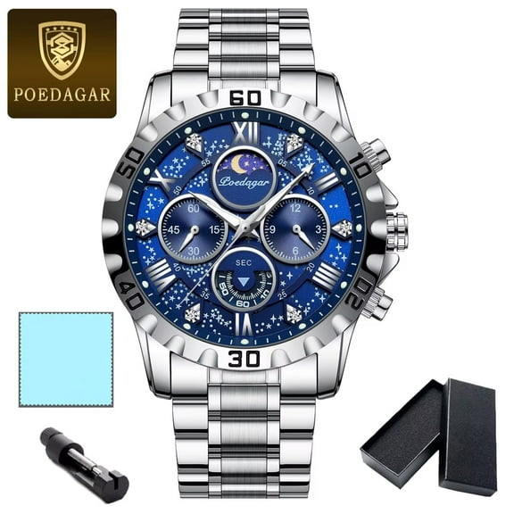 POEDAGAR Luxury Business Men Quartz Watch Big Dial Luminous Wrist Watch Calendar Minute Second Chronograph Wristwatch