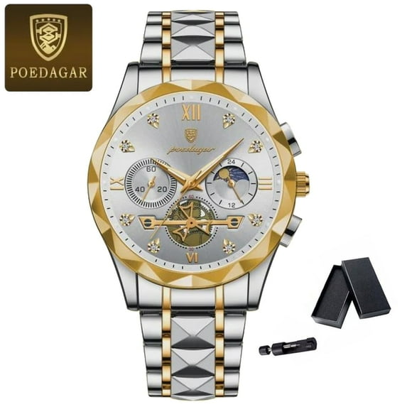 POEDAGAR Luxury Man Blue Wristwatch Luminous Chronograph Watch for Men Diamond Stainless Steel Men's Quartz Watches