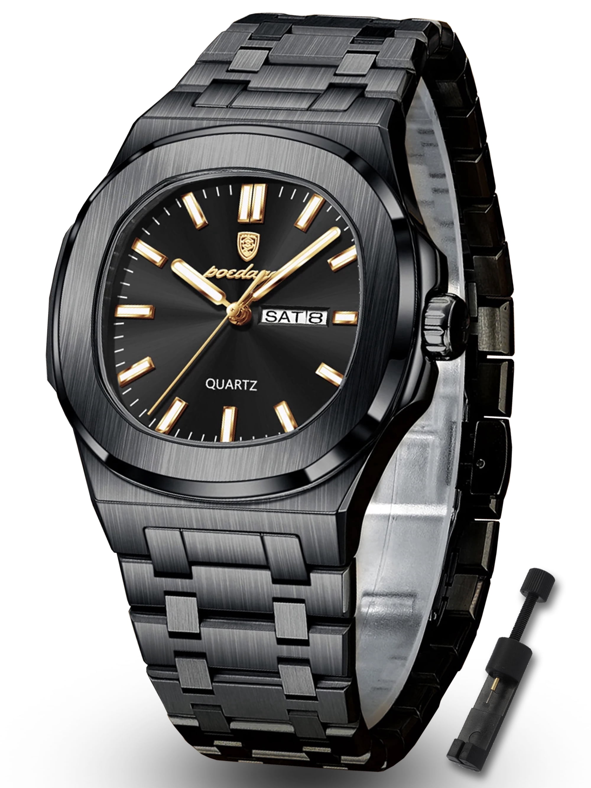 POEDAGAR Luxury Man Watch Square Waterproof Luminous Date Week Stainless Steel Quartz Men's Watches