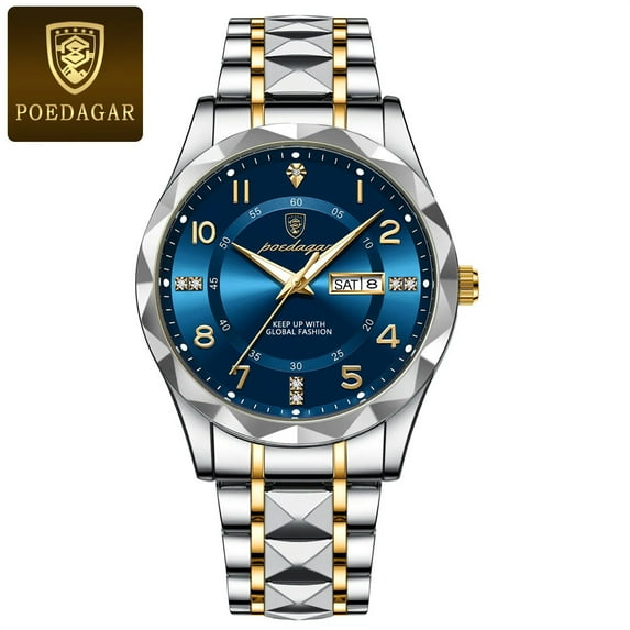 POEDAGAR Luxury Men Quartz Watch Waterproof Date Week Luminous Wristwatch Stainless Steel Men's Watches